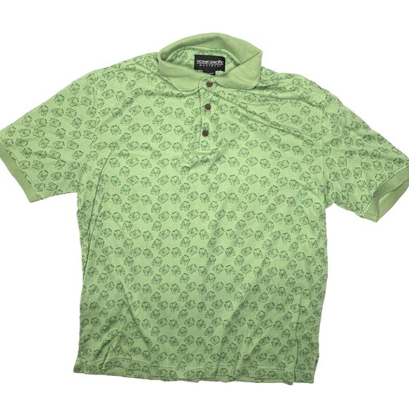 OP Other - VTG OCEAN PACIFIC Green Short Sleeve Palm Pattern Polo Shirt Mens Size Small Y2K